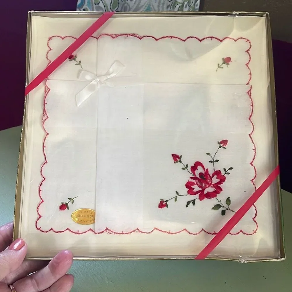 Vintage made in Switzerland embroidered handkerchief. New in package.